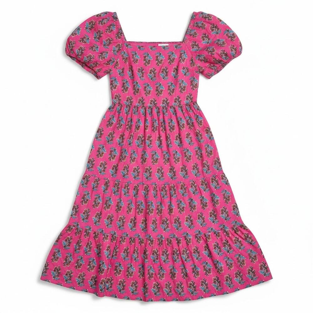 NEW J.Crew 4 Pink Midi Tiered Dress Puff Sleeve Floral India Sun Casual Boho